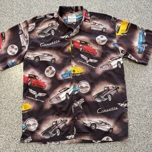 David Carey Originals Shirt Mens L Button Up Short Sleeve Corvette AOP Brown